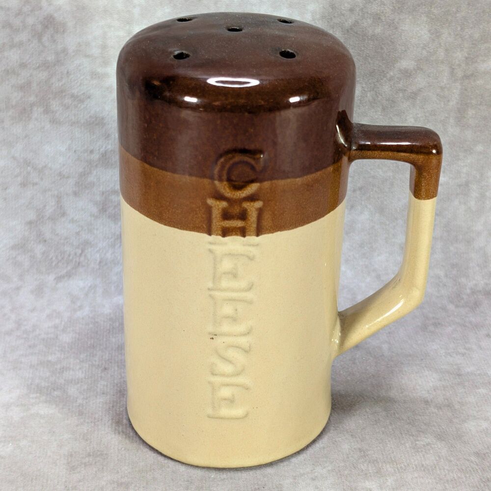 Vintage Ceramic Cheese Shaker Dispenser Two Tone Brown Tan Retro Pizzeria Handle